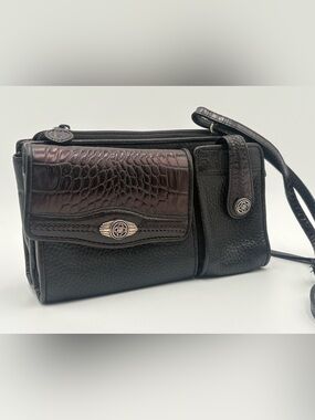 Brighton Y2K Leather Organizer Crossbody Purse Black Croc Embossed Wallet Bag